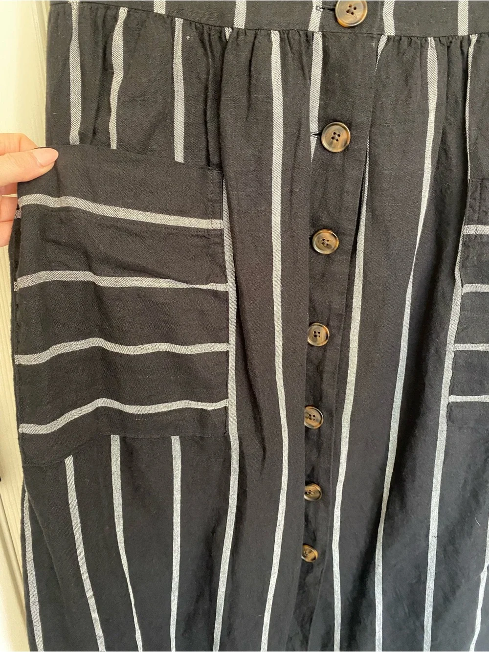 GAP Linen Cotton Striped Midi Dress Size 6 Button Front Pockets Black